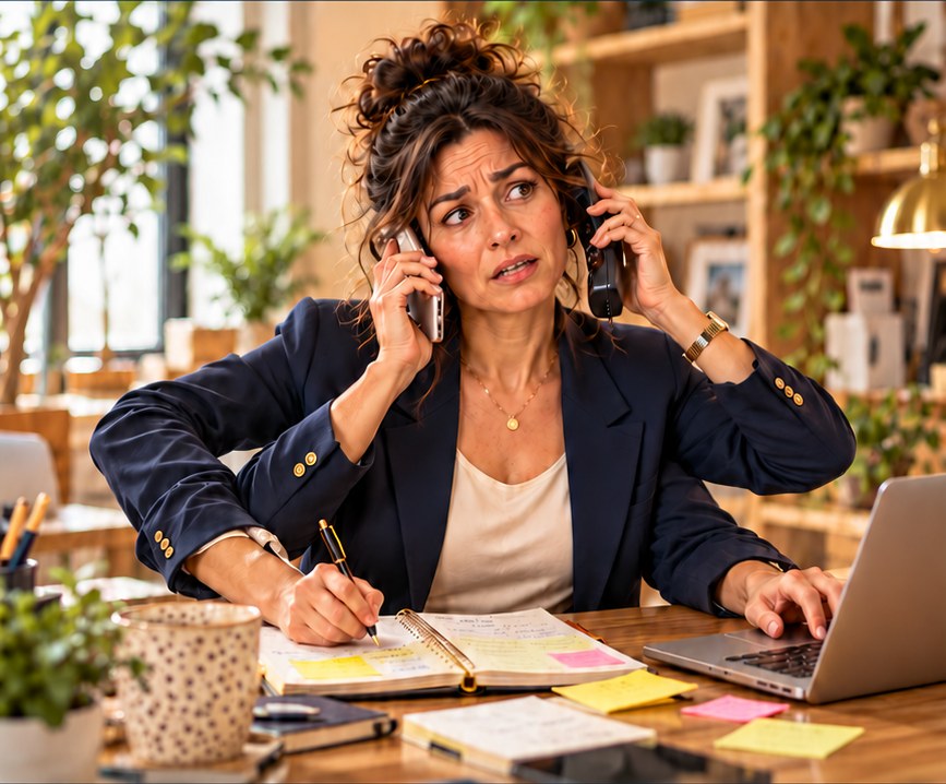 A businesswoman in her office holding two phones at once while writing in her diary and typing on her laptop